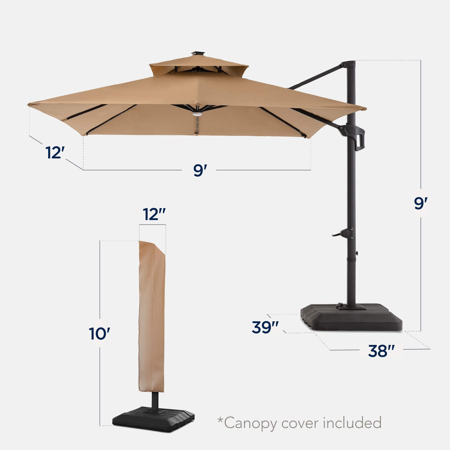 Best Choice Products 9x12ft 2-Tier Square Outdoor Solar LED Cantilever Umbrella w/ 360-Rotating Base –