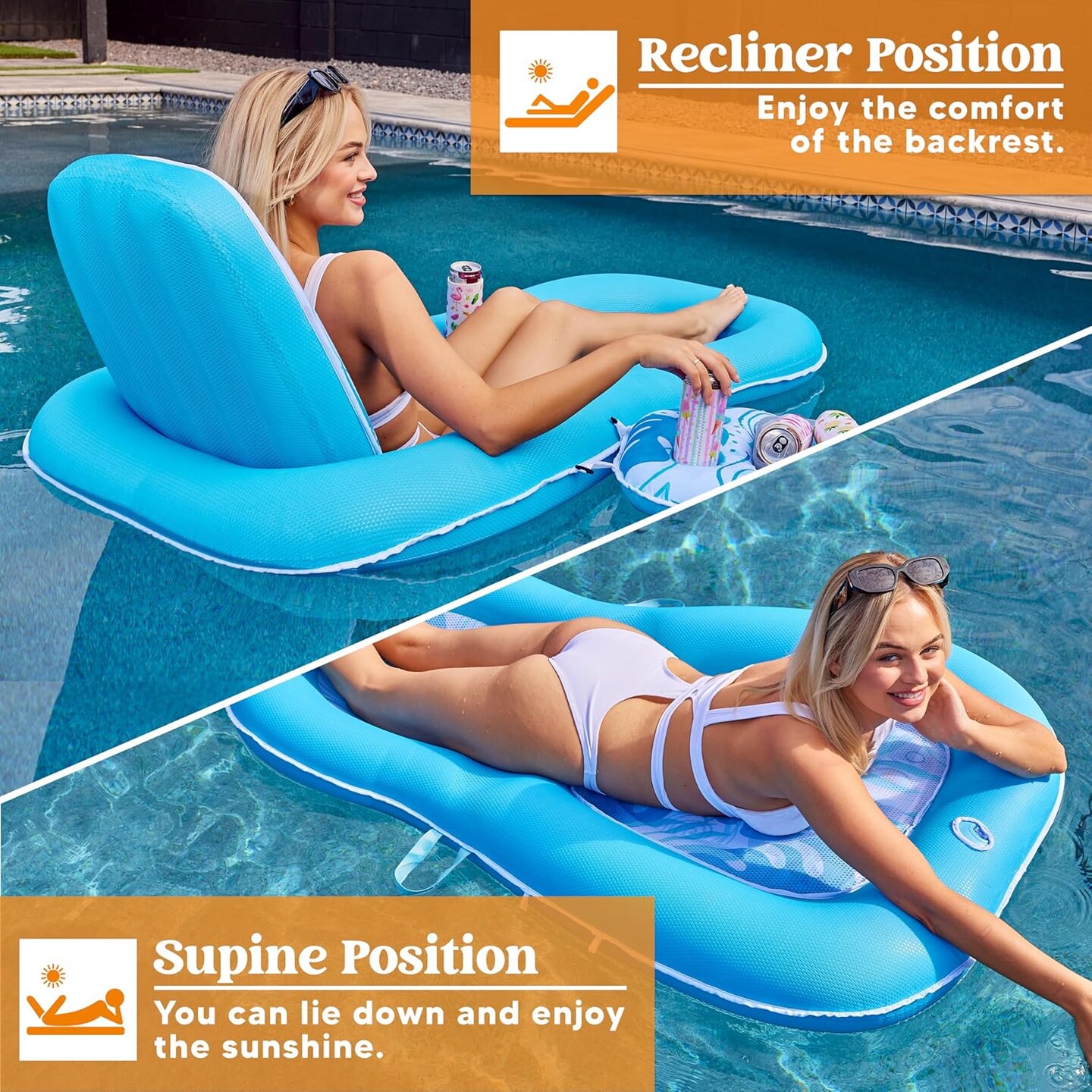 Pool Floats Lounger Adult, Fabric Pool Floaties Lounge Convertible 2-in-1 Floating Water Floaty with Cup Holders Adjustable Backrest Recliner