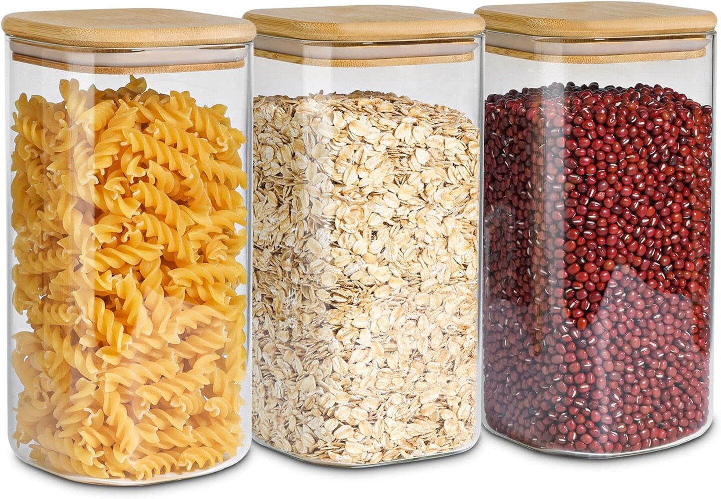 Airtight Glass Storage Canister with Wood Lid (51 oz), Clear Food Storage Container Jar with Sealing Lids for Oat Pasta Flour Cereal Rice Sugar Tea Coffee Beans, Set of 3 Square Cookie Jar