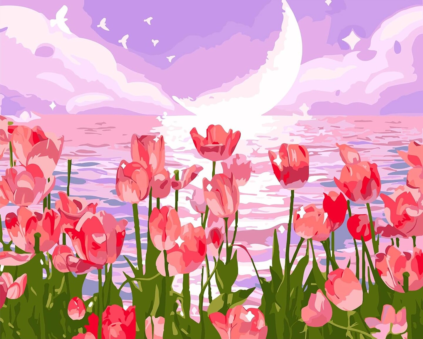Paint by Numbers Kit for Adults, Tulip Flowers Paint by Number for Beginners, DIY Seaside Scenery Acrylic Number Painting on Canvas, Great Gifts Decor