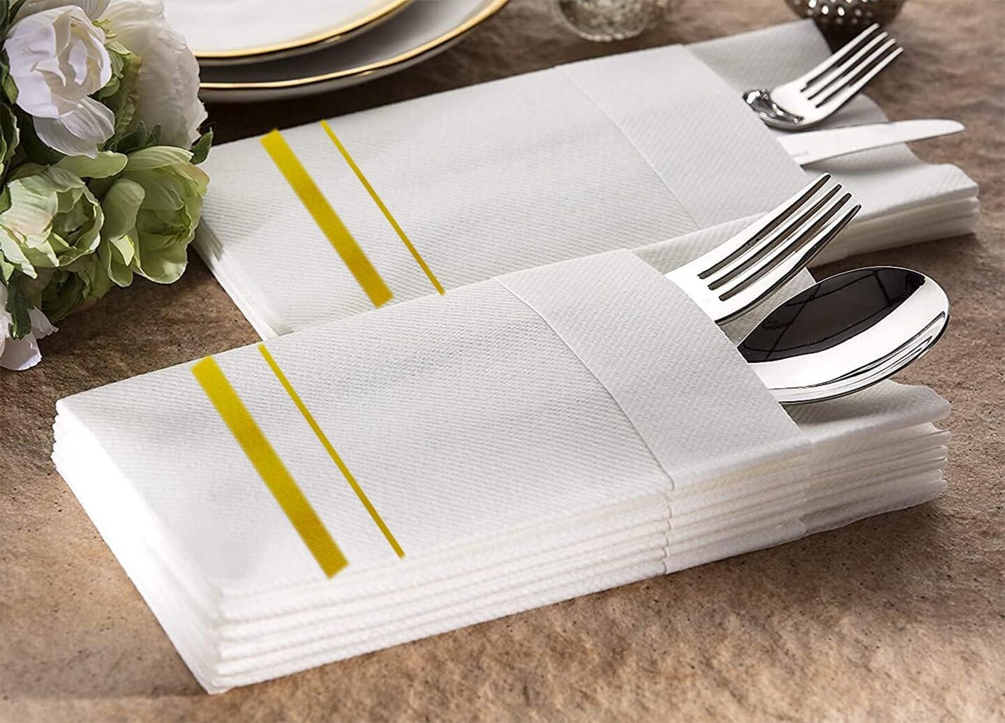Disposable Dinner Napkins Cloth Like with Built-in Flatware Pocket,Wedding Party Linen Feel White and Golden Napkin, Prefolded for Silverware, 50 Counts
