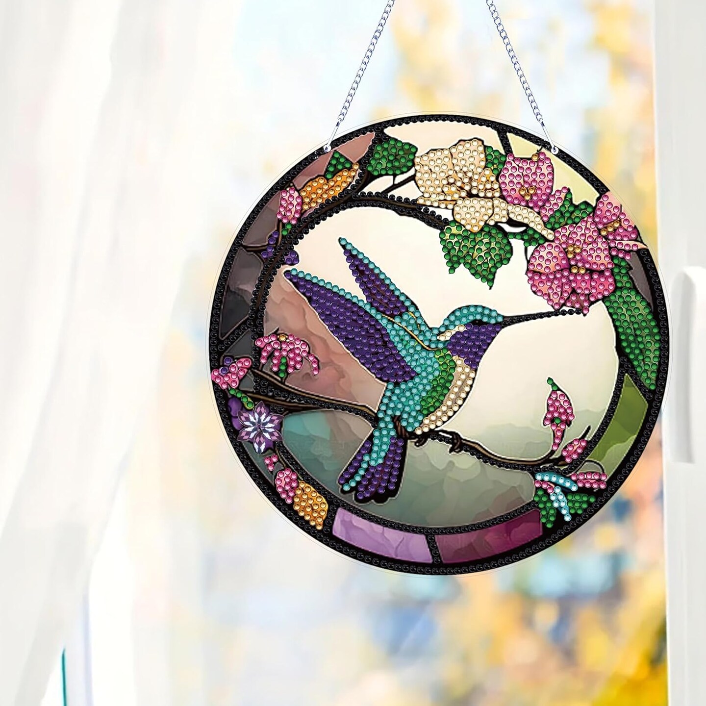 DIY 5D Flowers Hummingbird Diamond Painting Kits Hanging Sign Wall Art Sign Bird Diamond Art Suncatcher Window Hanging Ornament Window Pendants Home Garden Wall Door Diamond Art