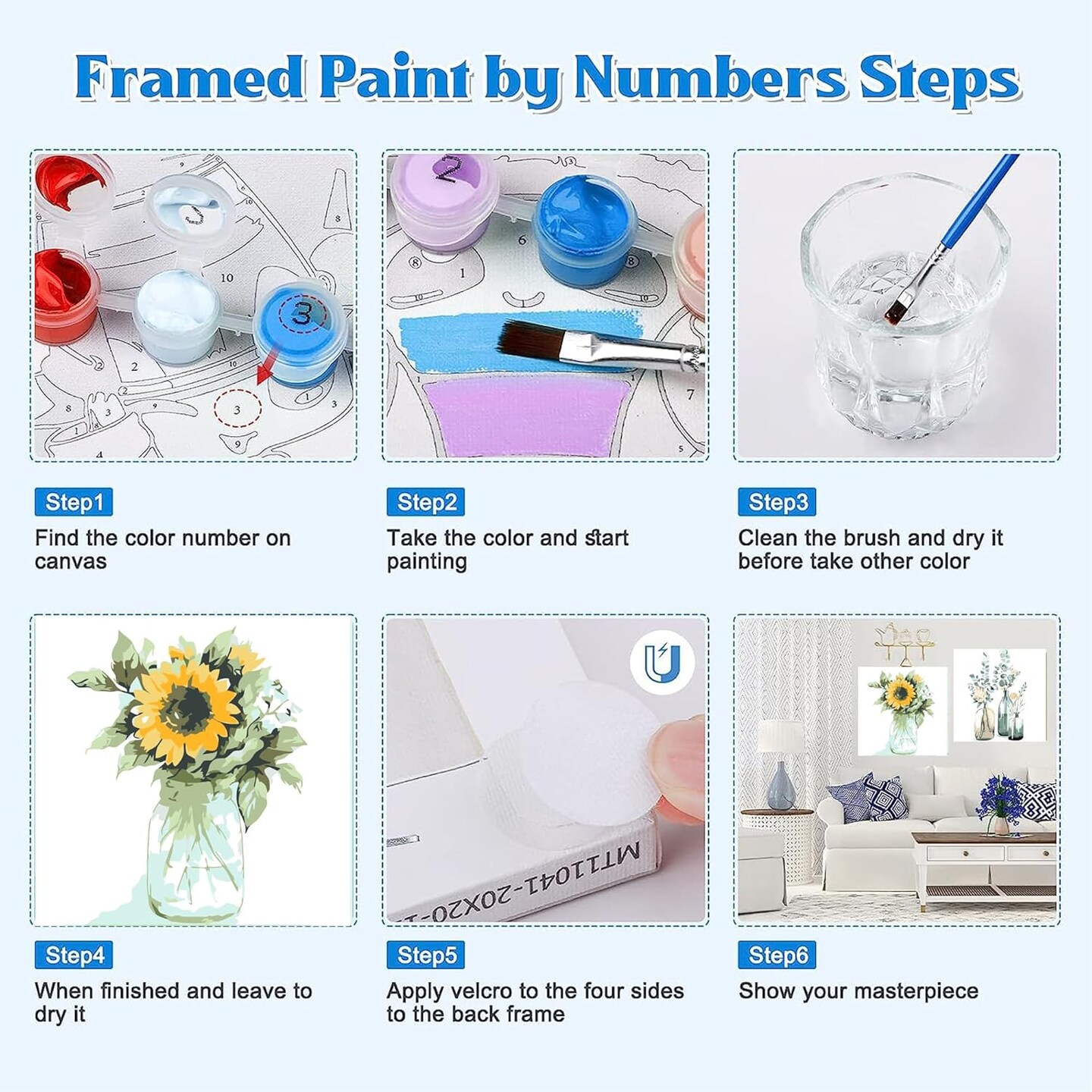 2 Pack Framed Paint by Numbers Kit,Easy DIY Acrylic Flower Watercolor Paint by Numbers Kits on Canvas,Paint by Number for Adults Beginners for Home Wall Decor