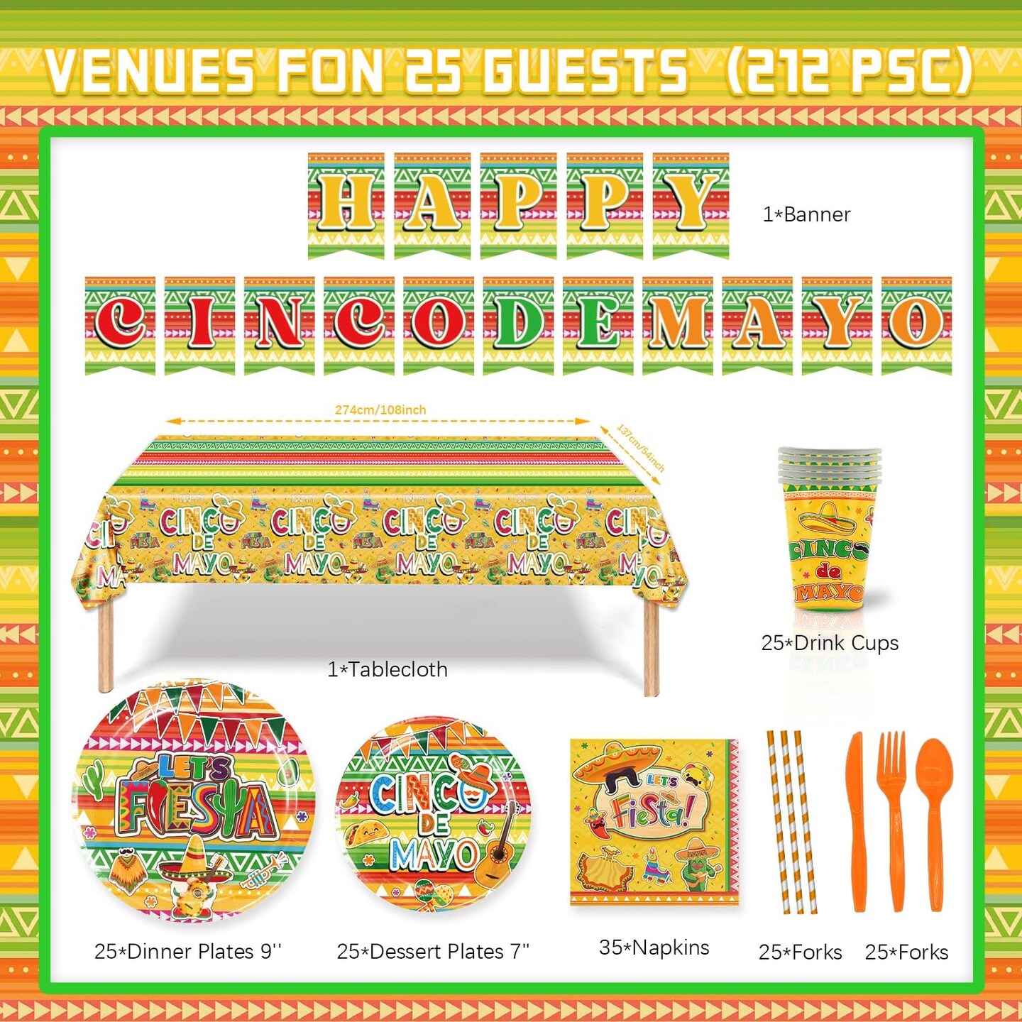 Cinco de Mayo Party Tableware Set - Serves 25 Mexican Theme Party Supplies, Disposable Plates, Tablecloth, Cups, Forks, Spoons, Knife, Napkins, Straws Dinnerware Utensils for Mexico Party