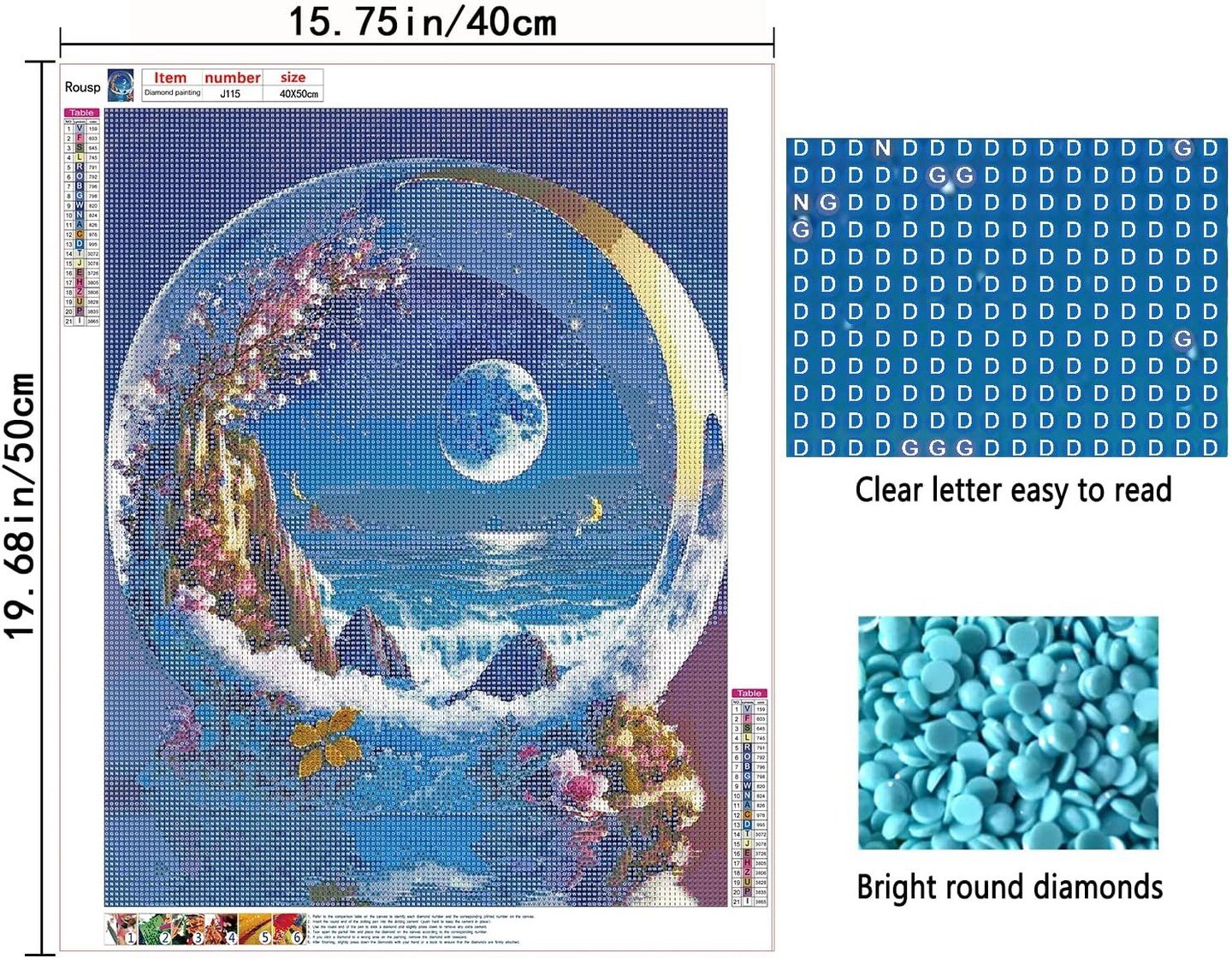 DIY 5D Diamond Painting Kits for Adults Diamond Art Crystal Ball Moon Diamond Painting Full Drill Crystal Craft Kits for Home Wall Decor Gifts, 15.7x19.7inch