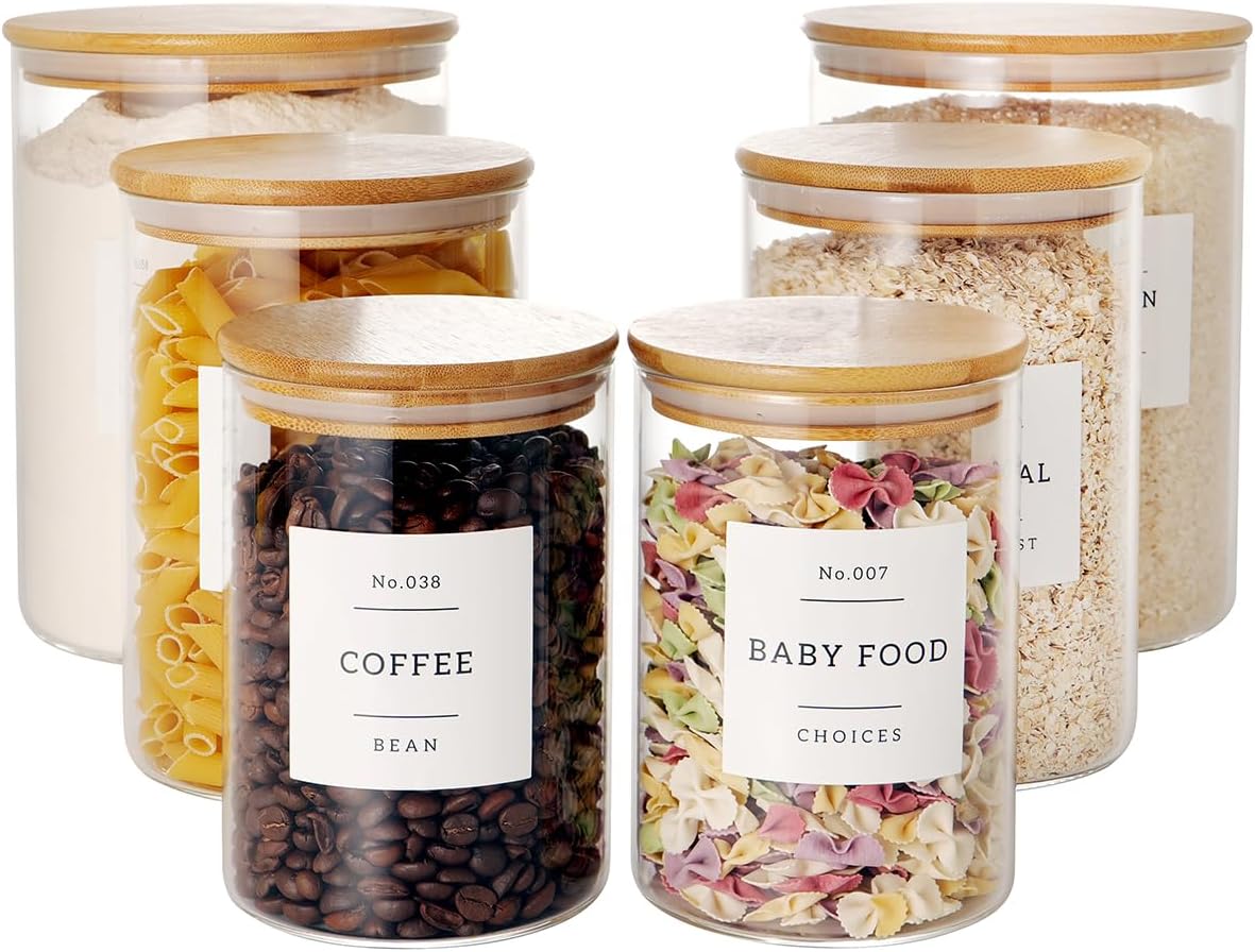 6-Piece Glass Storage Jars with Bamboo Lids & Pantry Labels for Kitchen