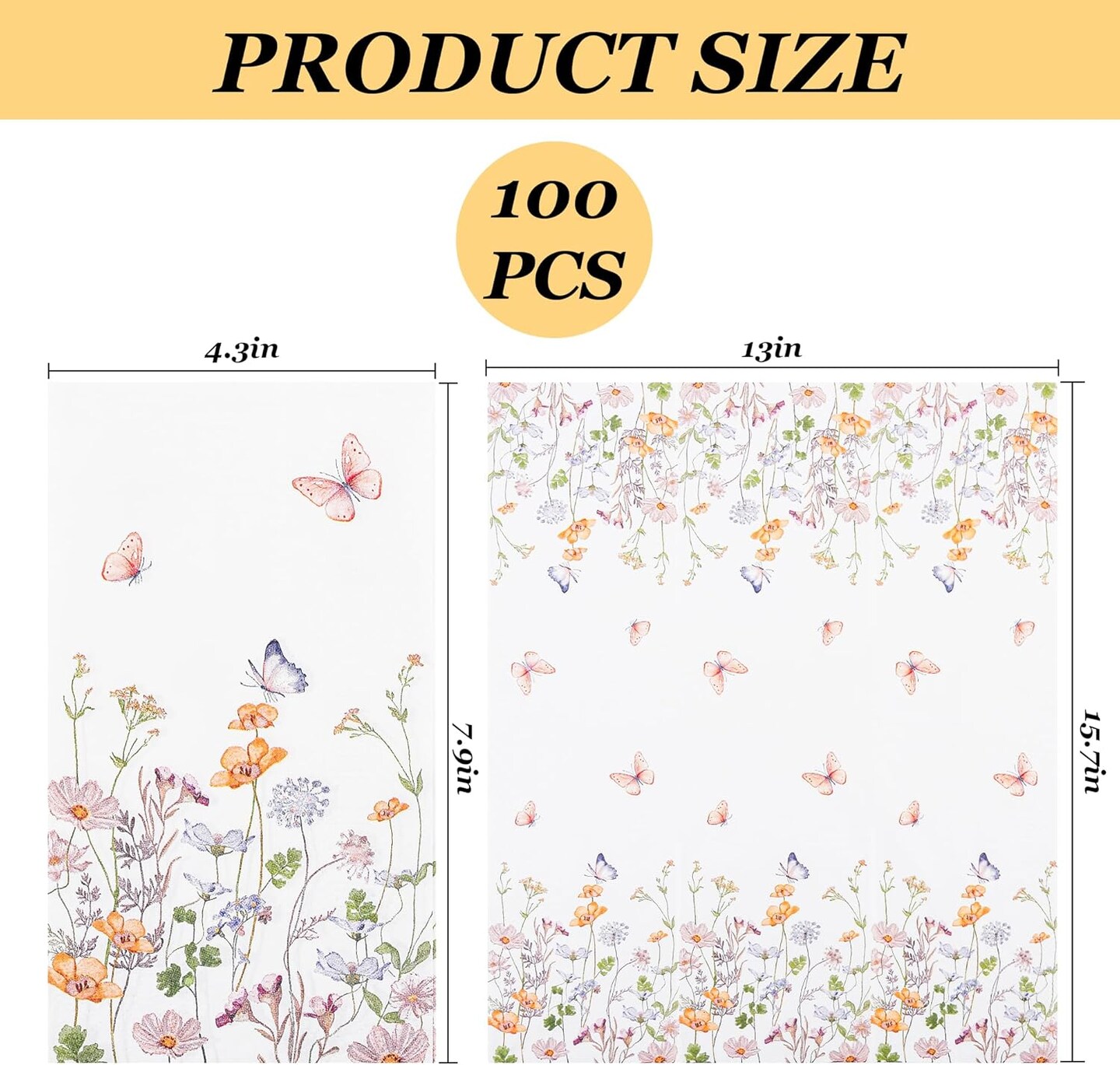 100Pcs Floral Guest Napkins Disposable Butterfly Flower Paper Napkins Wildflower Garden Blossom Hand Towels for Spring Wedding Anniversary Bridal Baby Shower Tea Party Table Decor