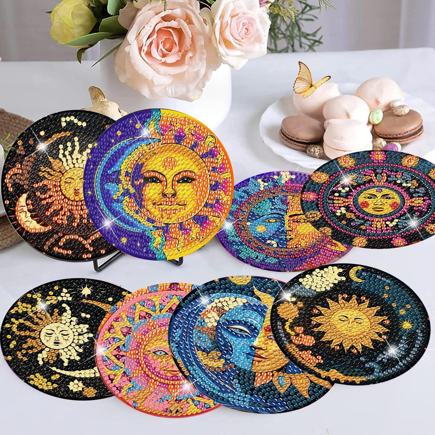 8 Pcs Diamond Art Coasters Kit for Adults - Sun and Moon Painting Set With Holder Cork Pads - DIY Dots Painting Crafts for Beginners