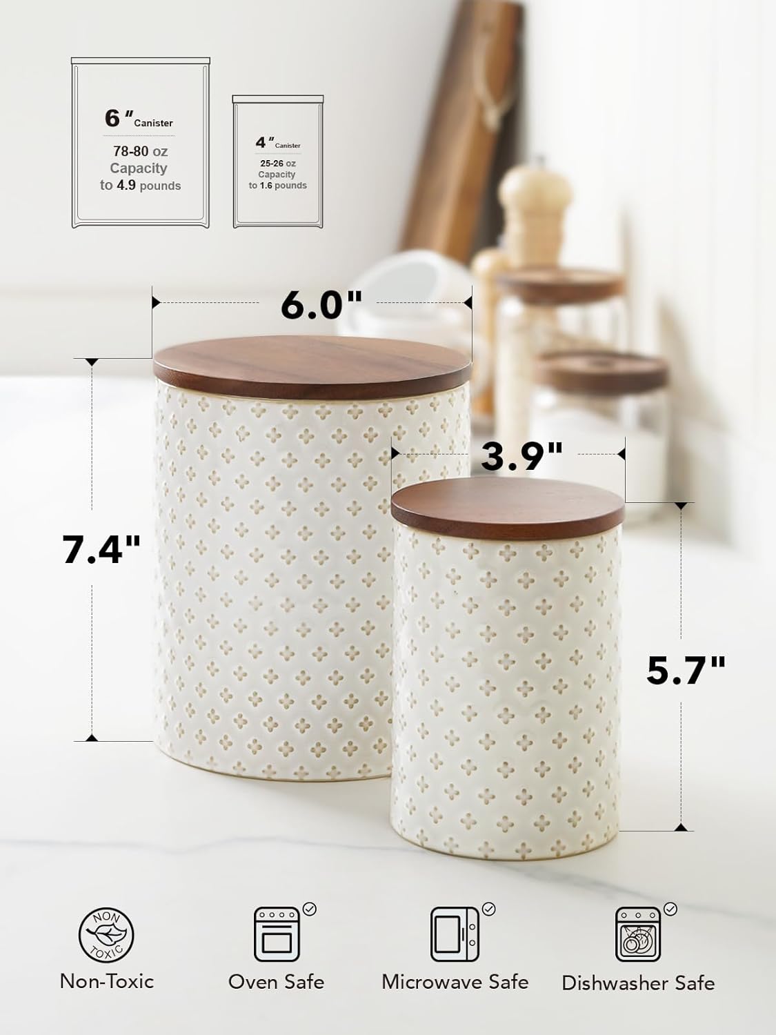 Food Storage Containers with Airtight Lids, 78/25 oz Ceramic Flour and Sugar Canisters Sets, Embossed Large Jars for Pasta, Oats, Coffee Bean, Cookies, Rice, Grains, Tea - Set of 2, Clover