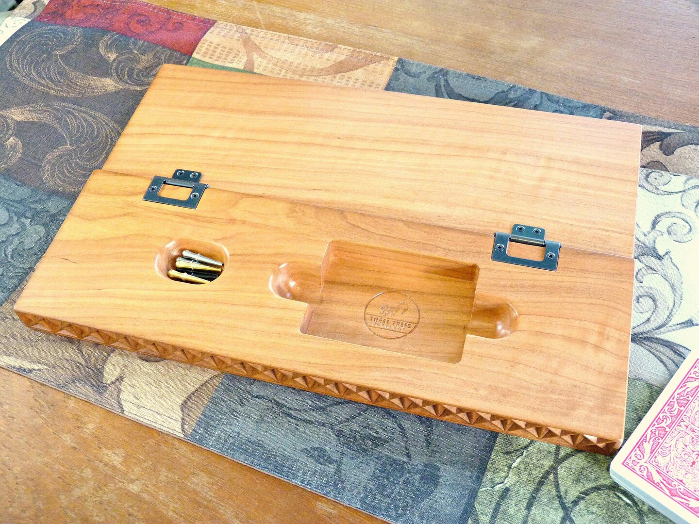 Carved cherry wood Cribbage board for 3 players with storage for