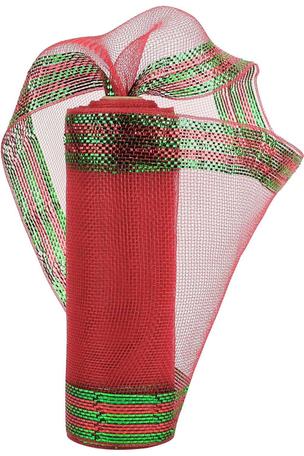 10&#x22; Border Stripe Metallic Mesh Ribbon: Red/Lime Green (10 Yards)