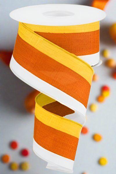 2.5&#x22; Tricolor Striped Ribbon: Orange/White, Yellow (10 Yards)