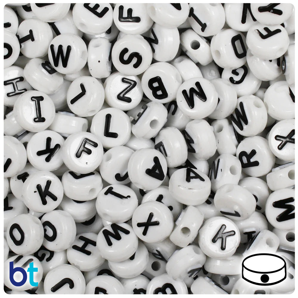 BeadTin White Opaque 10mm Coin Plastic Alpha Beads - Black Letter Mix (144pcs)