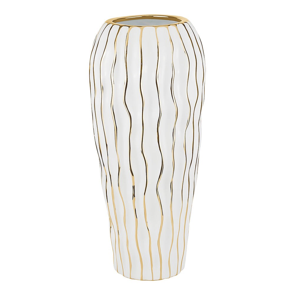 Elegant White Porcelain Vase with Gold Wavy Design By Kinor Decor