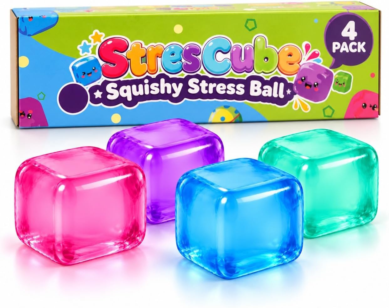 Michaels, 4E's Novelty Squishy Stress Cubes 4 Pack, 2 Inch Squishies Fidget Toys for Kids Adults - Soft Squeezable, Fun Sensory Fidget Toys for Desks, Classrooms, Party Favors – Category: Spring Toys & Activities