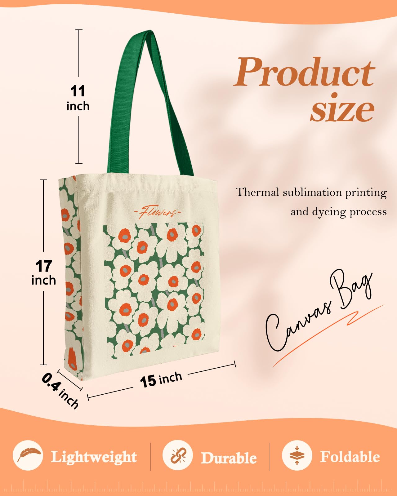 Aesthetic Heavy Canvas Tote Bag - with Pocket for Women Large Cloth Cotton Tote Bag for Shopping, Gym, Work, Travel, Beach, Vacation, Green White Flower