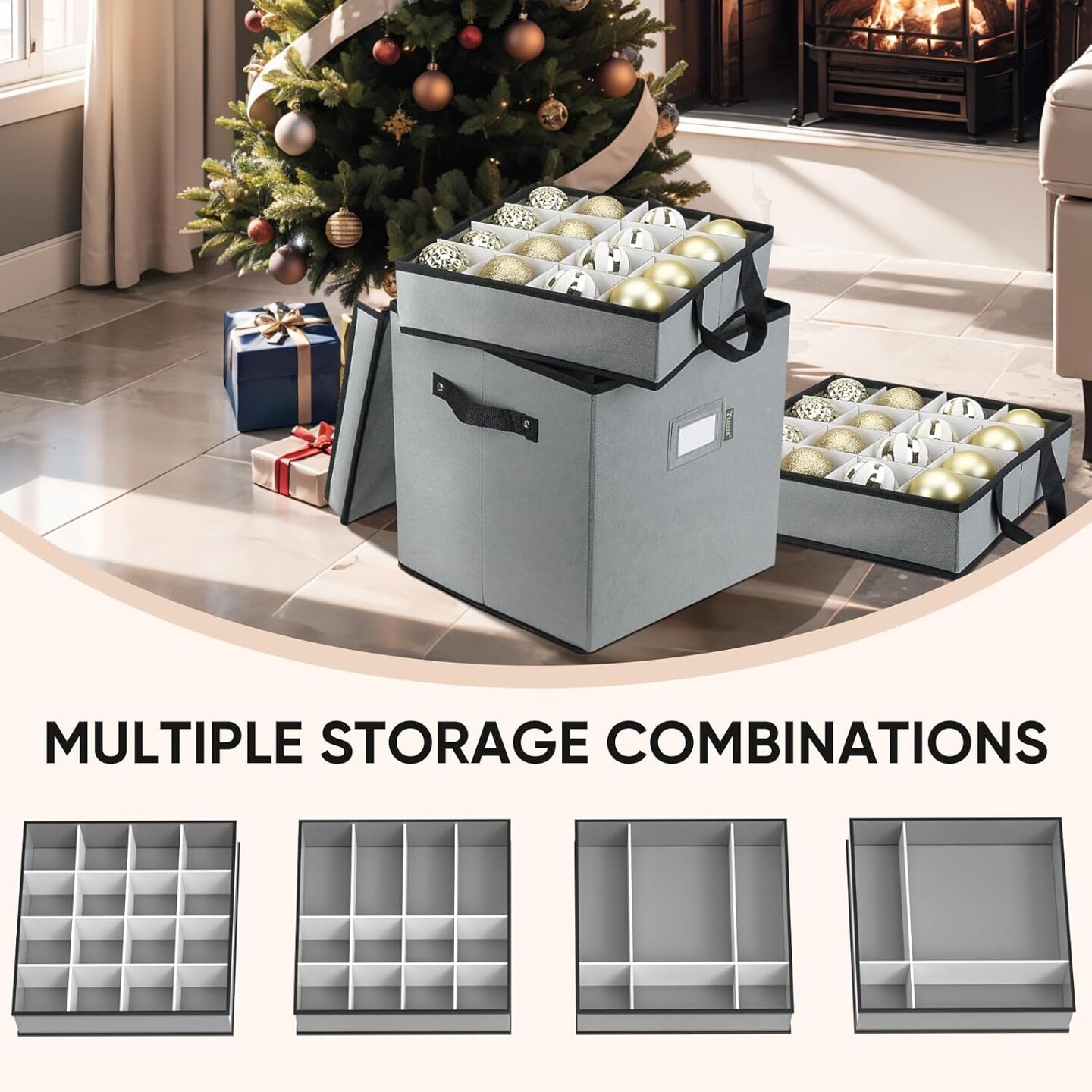 Christmas Ornament Storage Box with Dividers, Premium Holiday Ornaments Storage Container Bin for Xmas Decorations (64 Ball, Grey)