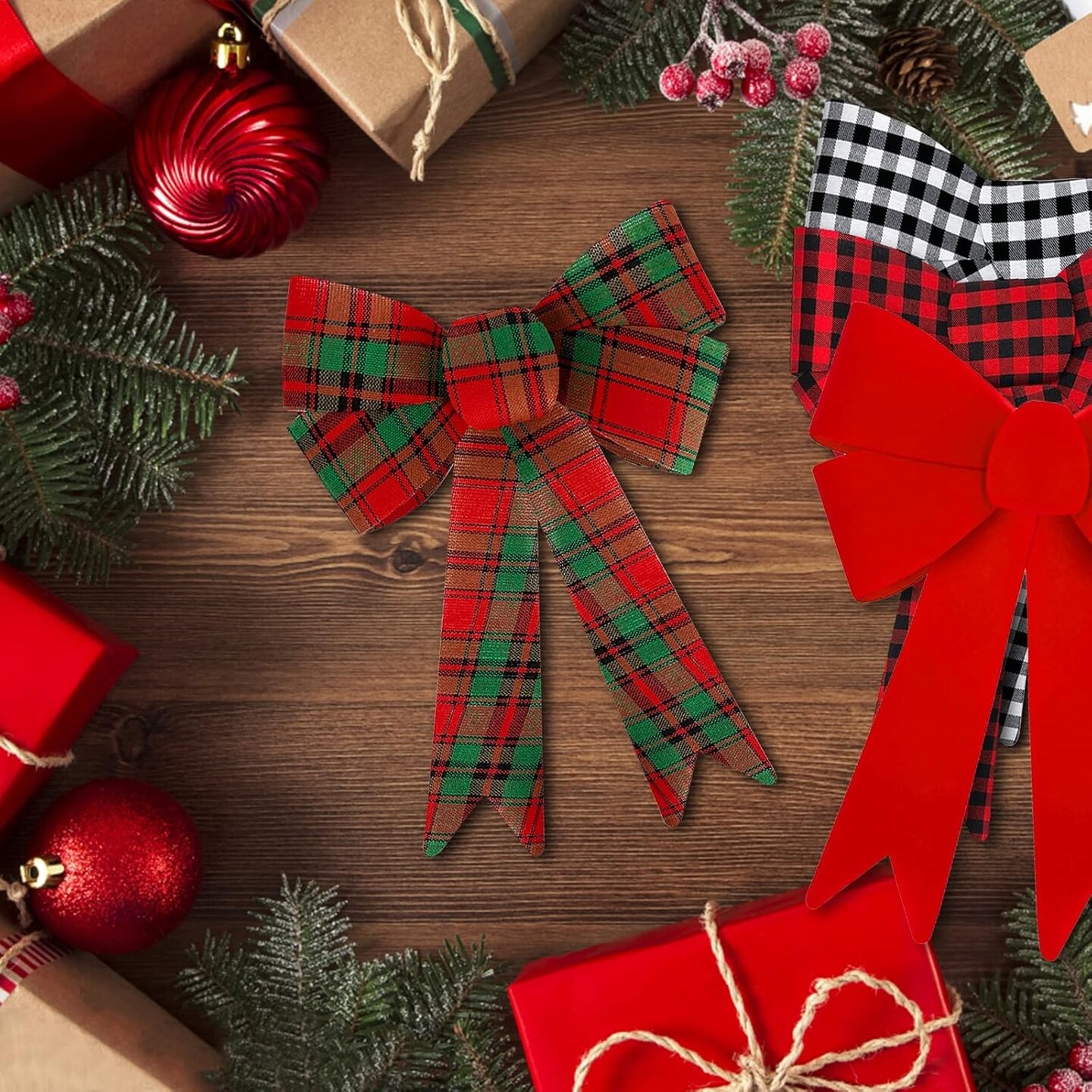 6 Pack Christmas Bows Outdoor Decorations, 12.5&#x27;&#x27; x 9&#x27;&#x27; Large Christmas Buffalo Plaid Bows for Wreath Garland Christmas Tree Topper Ornaments Outside Indoor Christmas Decor Home Party (Red Green)