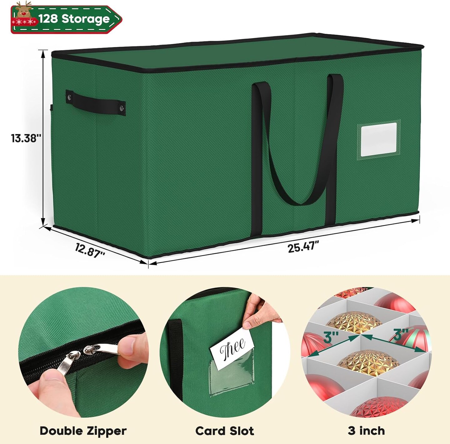 Christmas Ornament Storage Box with 8 Trays,Christmas Storage Container with Dividers Fits 128 Holiday Ornaments Decorations,Double Zipper,Large Xmas Organizer with Pockets