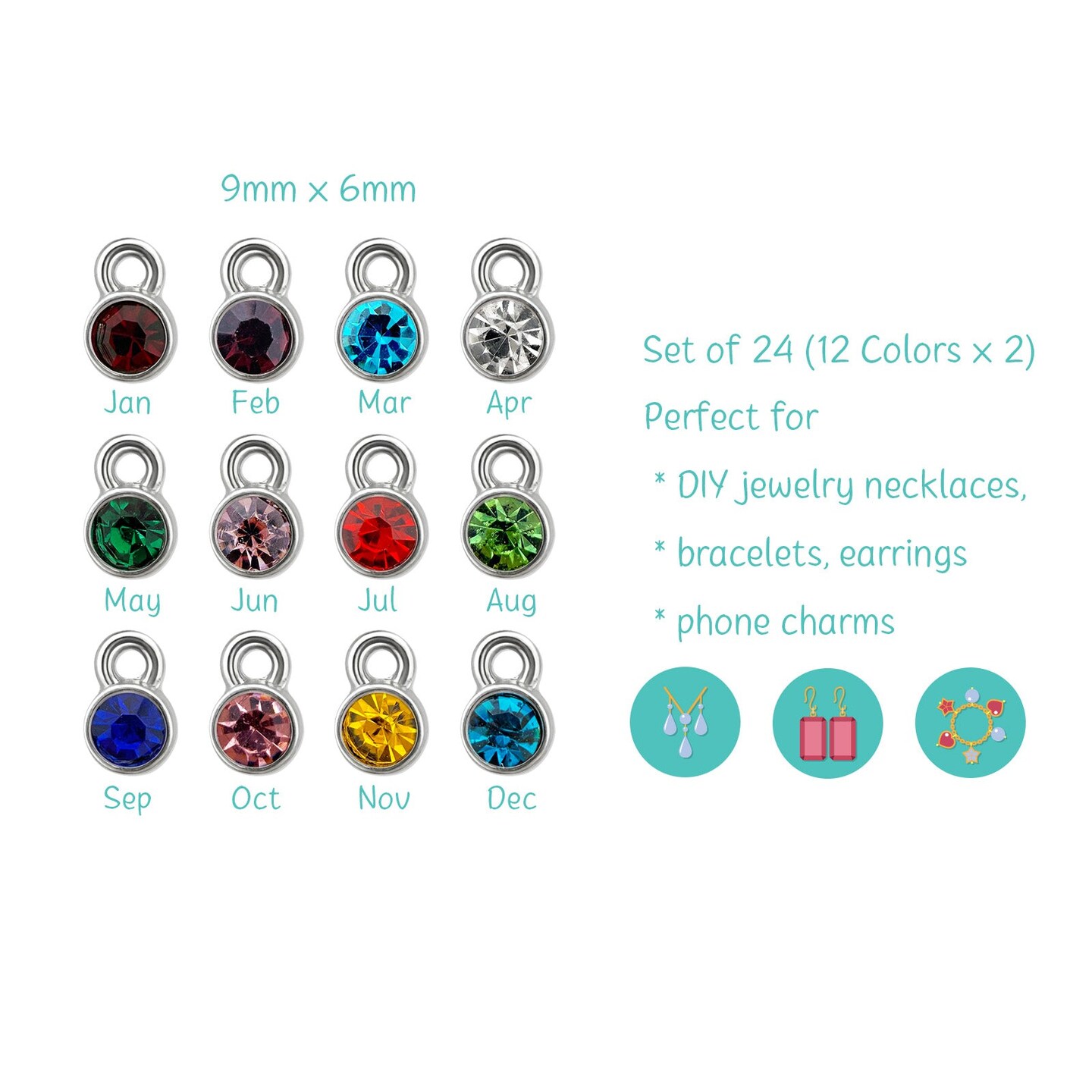 Wrapables Birthstone Charms for Jewelry Making, Crystal Pendants for DIY Bracelet, Earrings, Necklace (Set of 24)