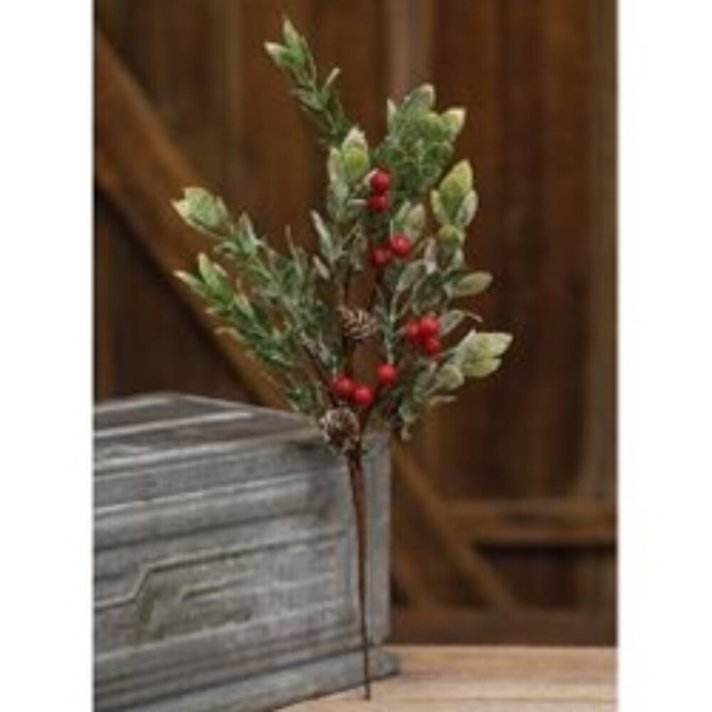 16&#x201D; High Snowy Boxwood and Berry Pick with Flexible Brown Base