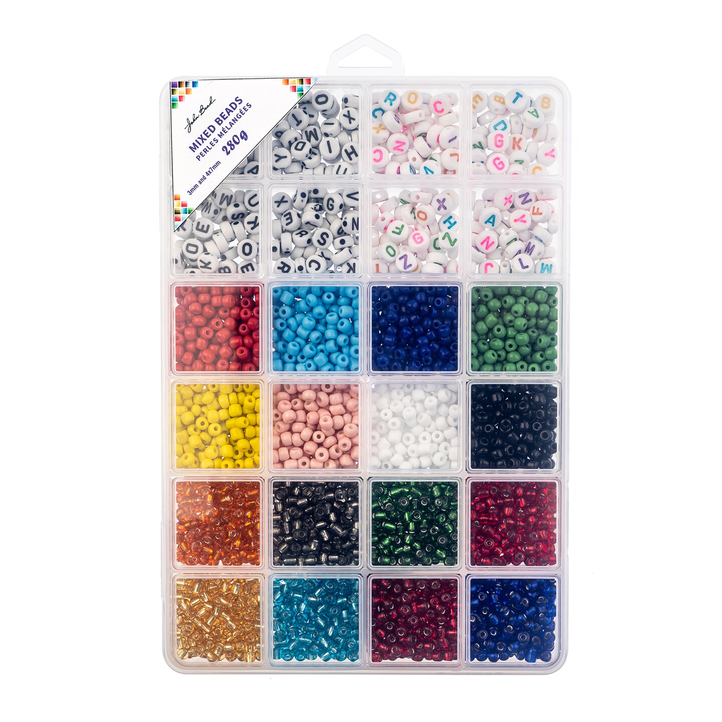 John Bead 3mm Assorted Glass &#x26; Plastic &#x26; Alphabet Jewelry Making Beads Box, 280g