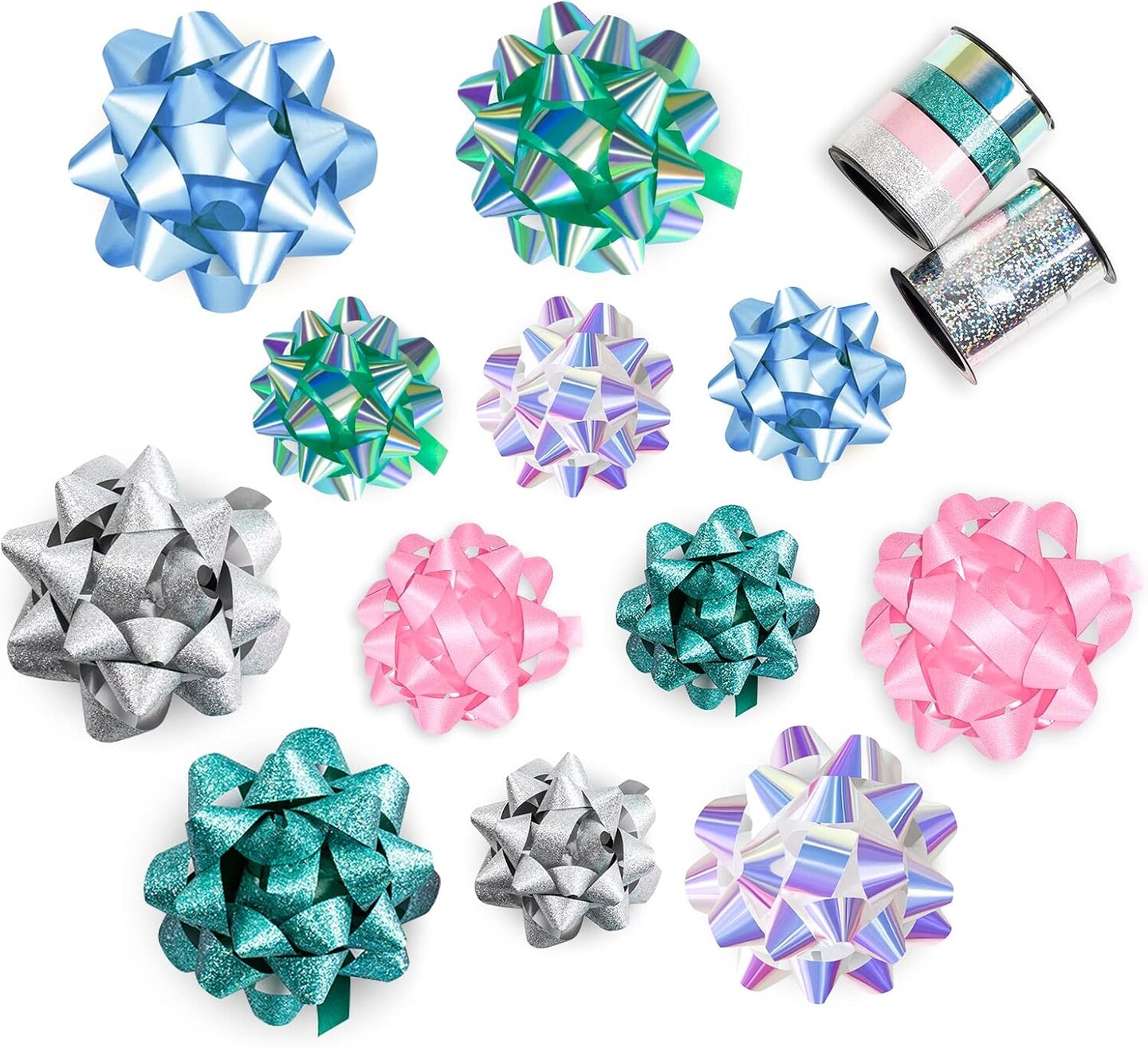 14 Pcs Gift Bows Assortment - 12 Multi Colored Assorted Size Gift Bows (Silver, Green, White, Pink, Blue) and 2 Crimped Curling Ribbons, Perfect for Christmas, Holiday, Party