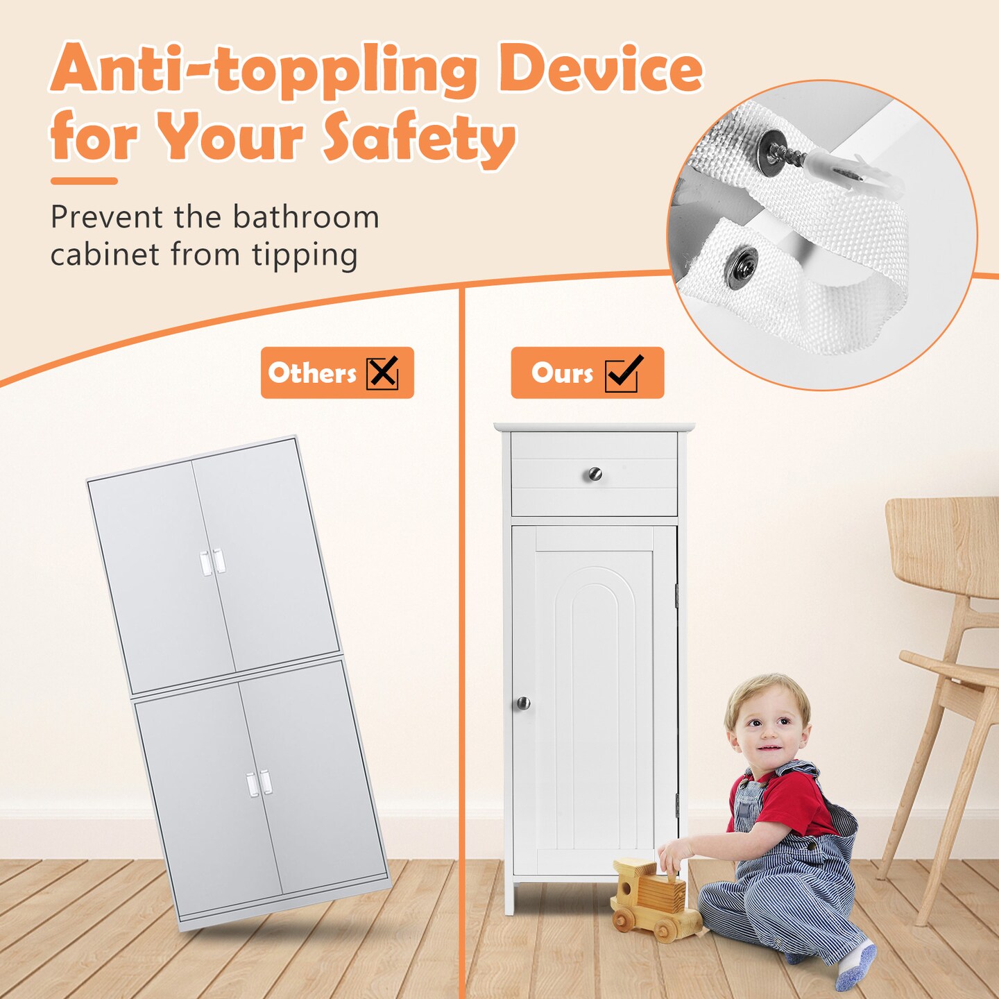 Wooden Storage Free-Standing Floor Cabinet with Drawer and Shelf