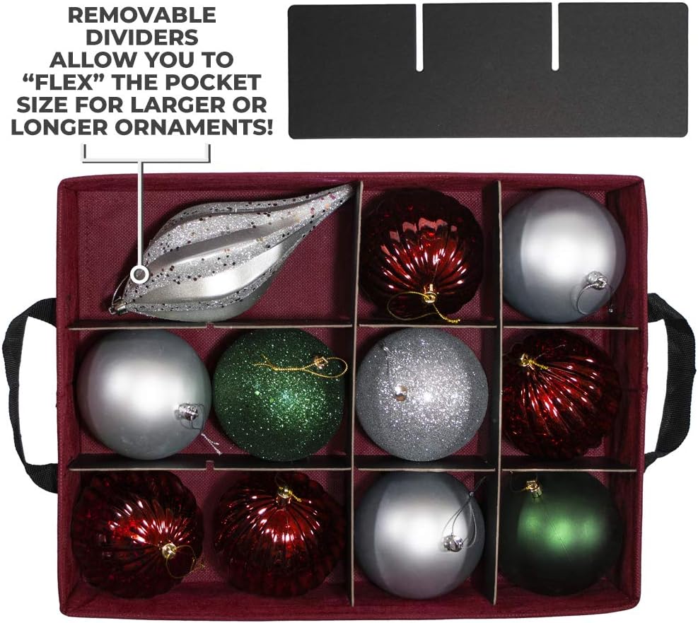 Christmas Ornament Storage Box with Adjustable Acid-Free Dividers, 3 Removable Trays with Handles, 17 Inch x 13 Inch x 13 Inch, Holds 36-4 Inch Ornaments