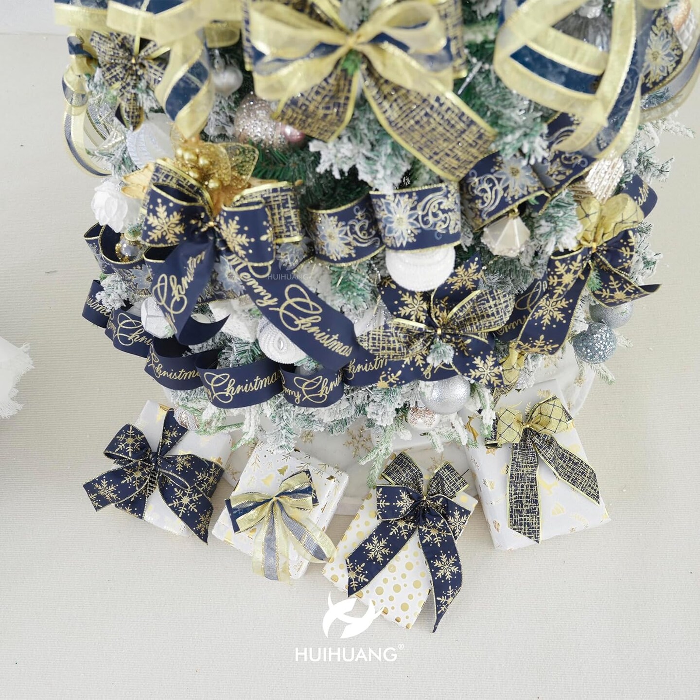 Navy Blue Wired Ribbon for Christmas Tree Blue and Gold Christmas Ribbon Wired Navy Ribbons for Bows, Wreaths, Garlands, Gift Wrapping Crafts, Home Decorations (2.5&#x22; x 6 Rolls, 36 Yds Total)