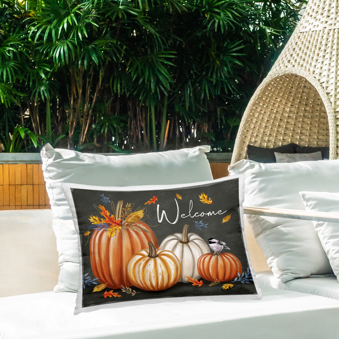 Welcome with Autumnal Pumpkins Outdoor Printed Pillow Design by Elizabeth Tyndall, 14 x 7 x 20