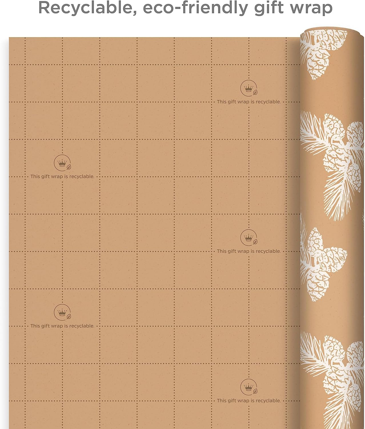 Christmas Wrapping Paper Rolls - Green Trees, White Pine Cones on Recyclable Brown Kraft Gift Wrap Paper (Set of 2 Rolls: 150 sq. ft. ttl.) for Holiday Parties, Winter Weddings