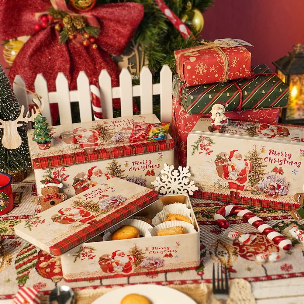 Christmas Cookie Tin Box with Lids, Rectangle Santa Food Storage Gift, Set of 3 Nesting Containers