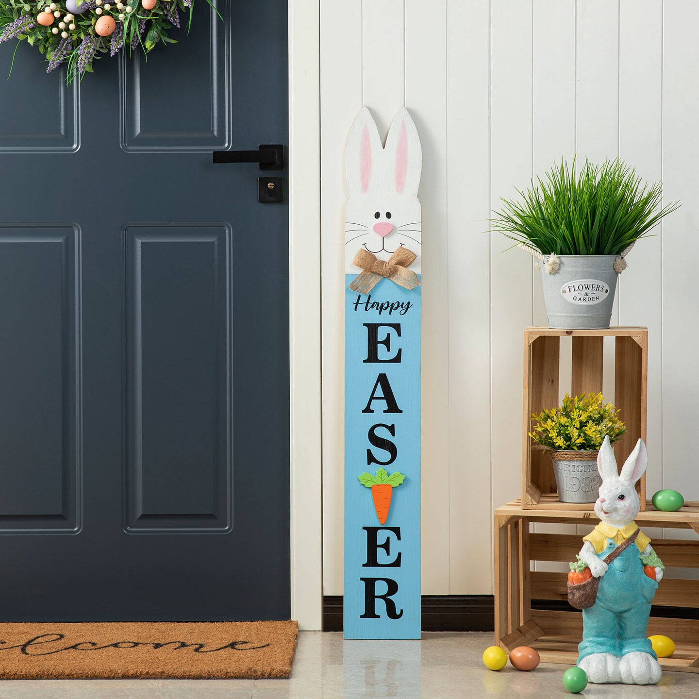 Set of 2 42"H Wooden Double-Sided Easter Welcome Porch Sign with Bunny Ears