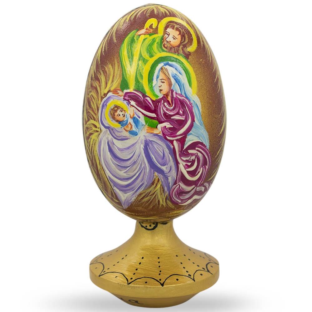 Holy Family Overlooking Newborn Jesus Wooden Figurine 4.75 Inches