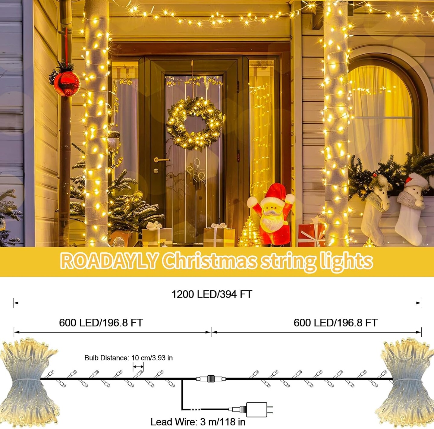 394FT 1200 LED Christmas Lights Outdoor String Lights 8 Modes & Timer Twinkle Fairy Lights Plug in Waterproof LED String Lights for Xmas Patio Wedding Holiday Party Decorations (Warm White)