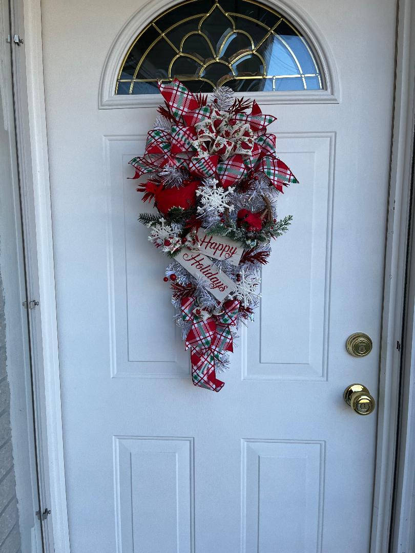 Holiday door swag, Christmas wreath, red and white swag, wreath