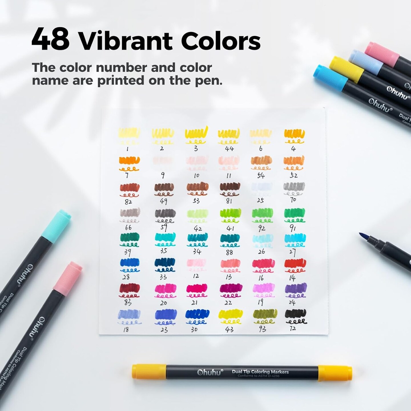 Ohuhu Markers Brush Tip 48-colors with 36-sheet Stress-Relief Coloring Book - Dual Tipped Markers for Adults Coloring Books - Art Marker Set Bundles with 100% Bleed-proof Coloring Pages - Fine &#x26; Brush