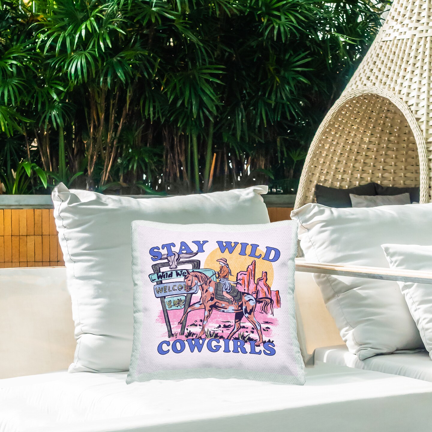 Stay Wild Cowgirls Outdoor Printed Pillow Design by Melissa Wang, 18 x 7 x 18