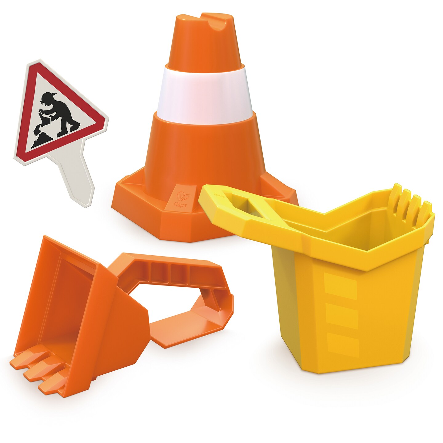 Hape: Sand Construction Playset - 4pc Beach Toy Set, Digger Bucket, Bulldozer Shovel, Safety Cone, Indicator, Scoop &#x26; Dig, Water Play, Kids Ages 3+