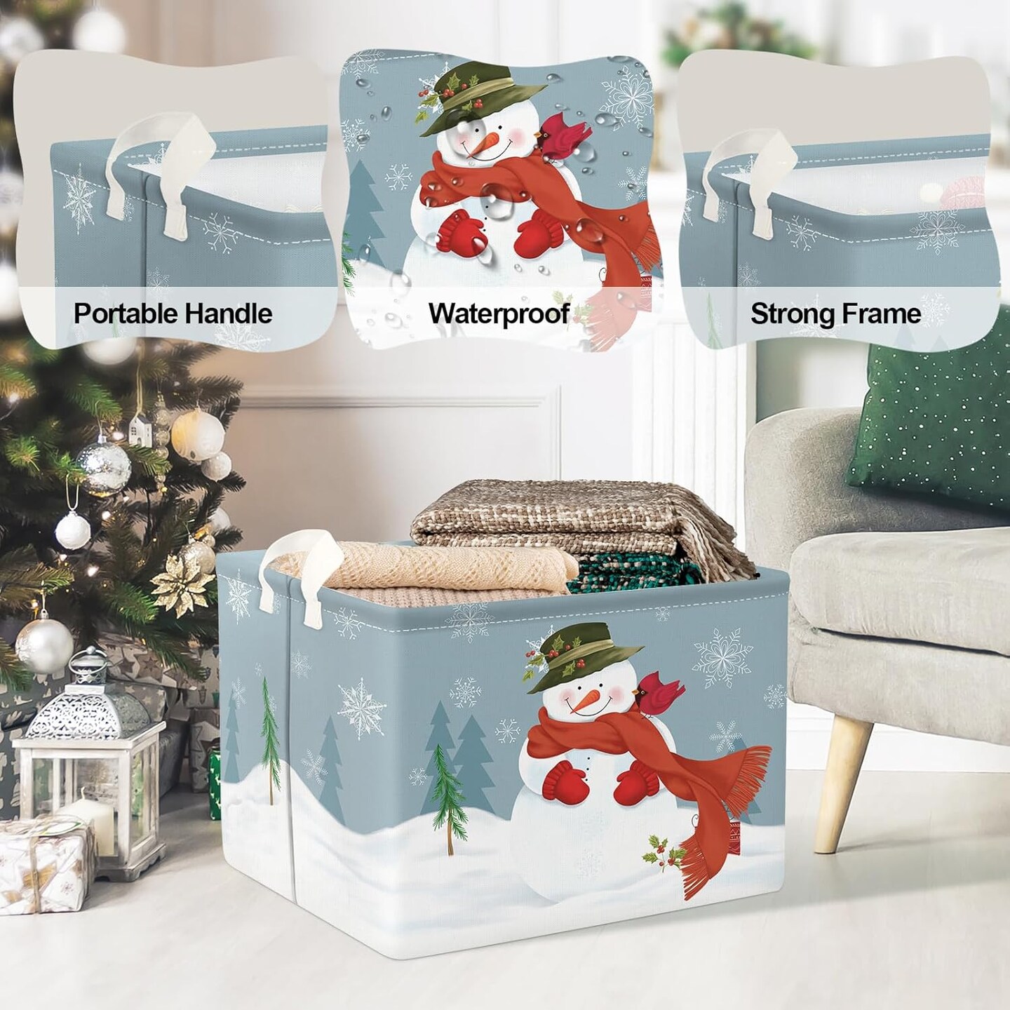 Rectangular Snowman Christmas Basket Large Blue Winter Snowflake Shelf Basket Clothes Toy Book Gift Nursery Basket Collapsible Wrap Ornament Storage