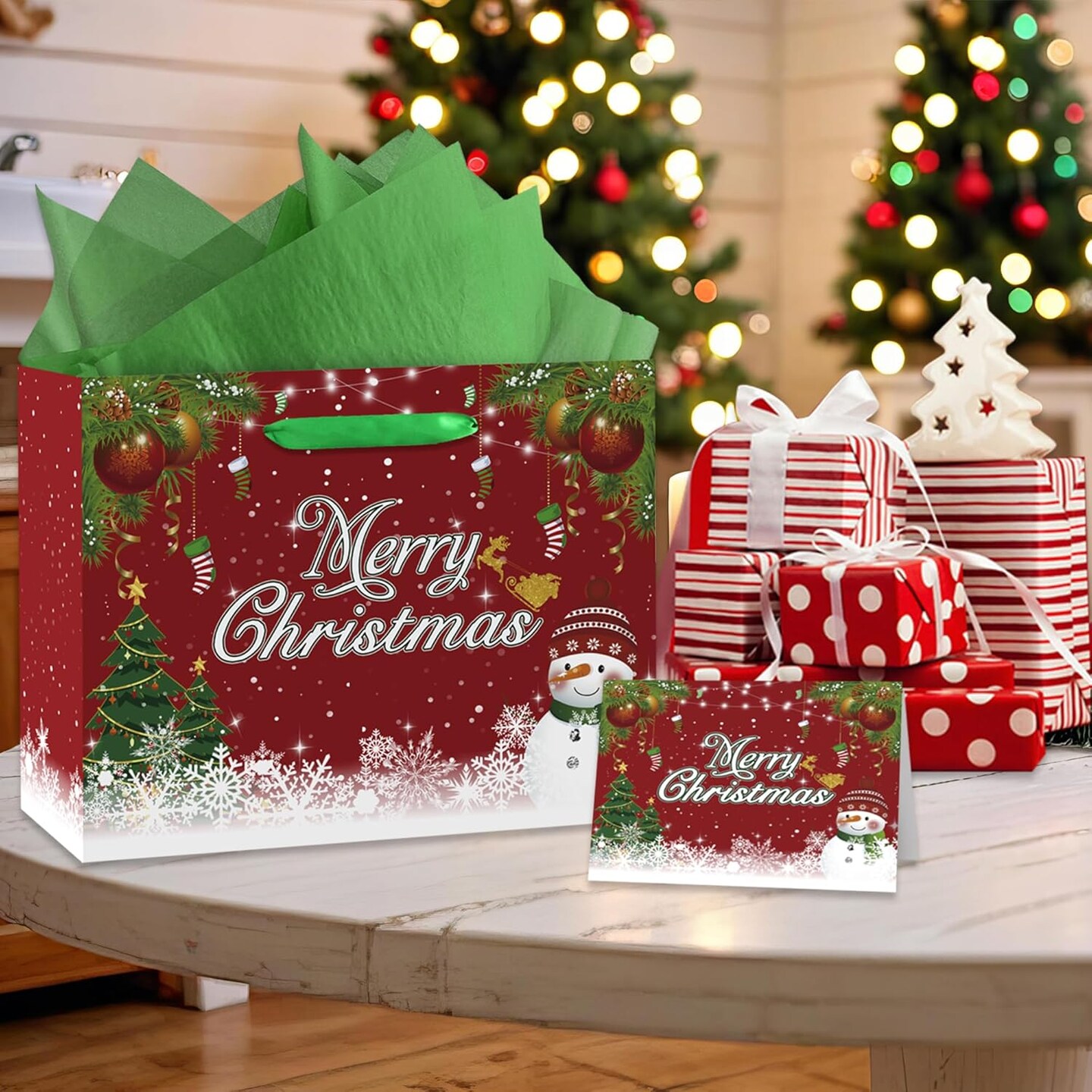 Christmas Gift Bags, Red Merry Christmas Bags with Card and Tissue Paper, Large Christmas Gift Wrapping Paper Christmas Treat Bag, Gift Bags for Christmas Party Decorations Supplies (Red)
