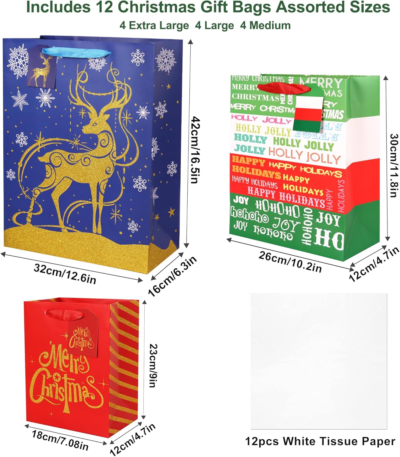 Christmas Bags for Gifts Bulk-12 Pack Holiday Gift Paper Bags with handles, Assorted Sizes Xmas Gift Wrapping Bags for Presents, with Tissue Paper&#x26;Tags(4 Jumbo 16&#x22;, 4 Large 12&#x22;, 4 Medium 9&#x22;)