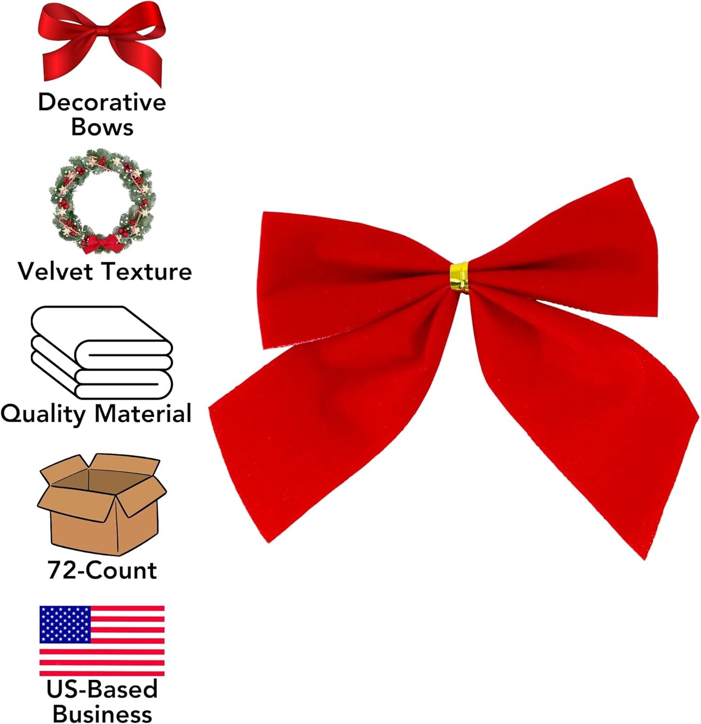 Mini Small Velvet Bows, Red, 3.5 x 3.5-Inch, 72-Pack