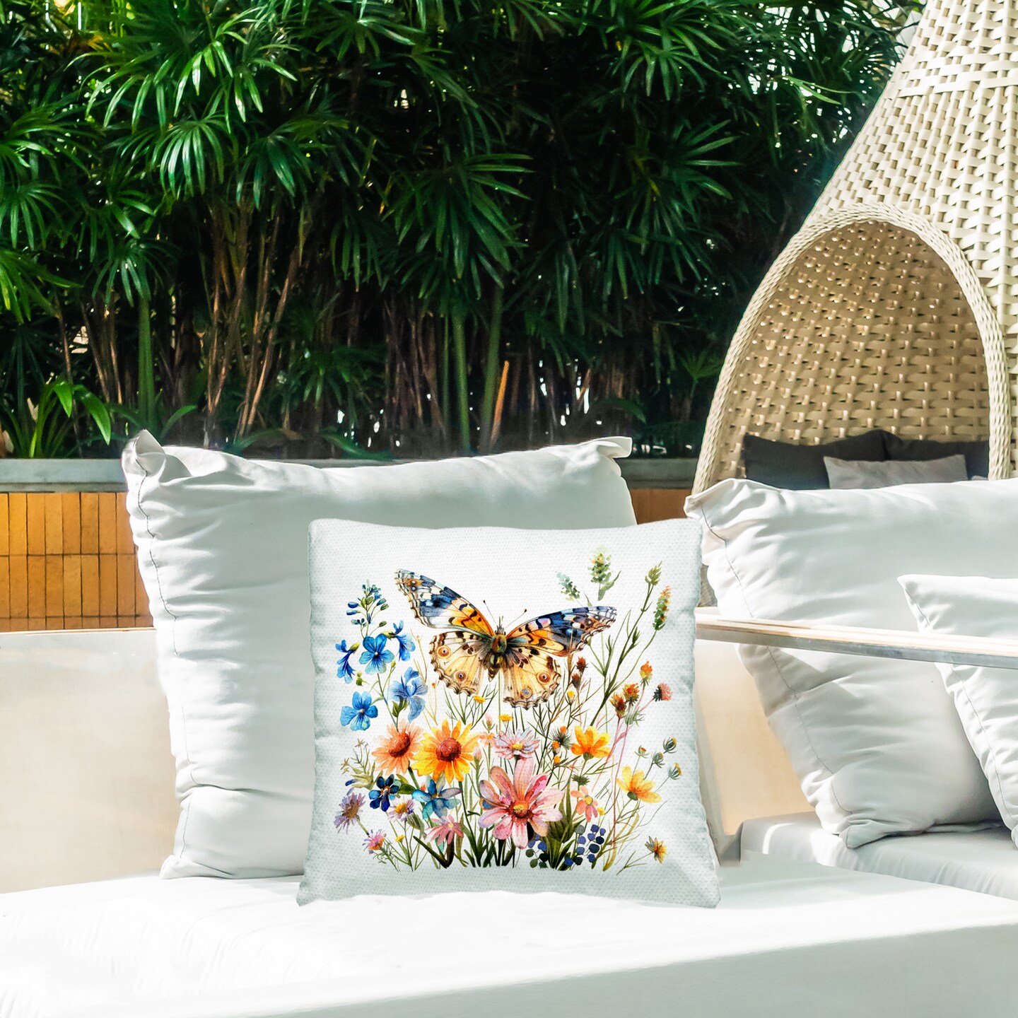 Spring Butterfly Garden Outdoor Printed Pillow Design by LSR Design Studio, 18 x 7 x 18