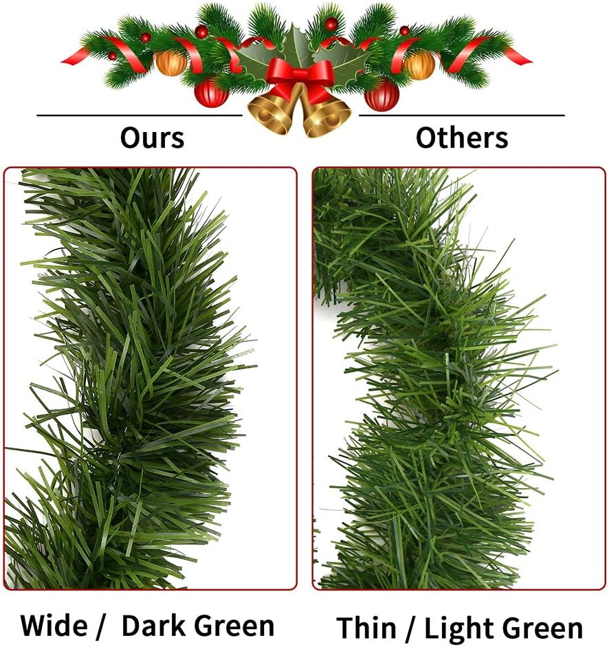 50 Feet Green Tinsel Garland Artificial Christmas Pine Decorative Garland Greenery Tinsel Stems Non-Lit Soft Twist Garland 12 Inch x 2Inch for Holiday Season Outdoor Indoor Party Decorations