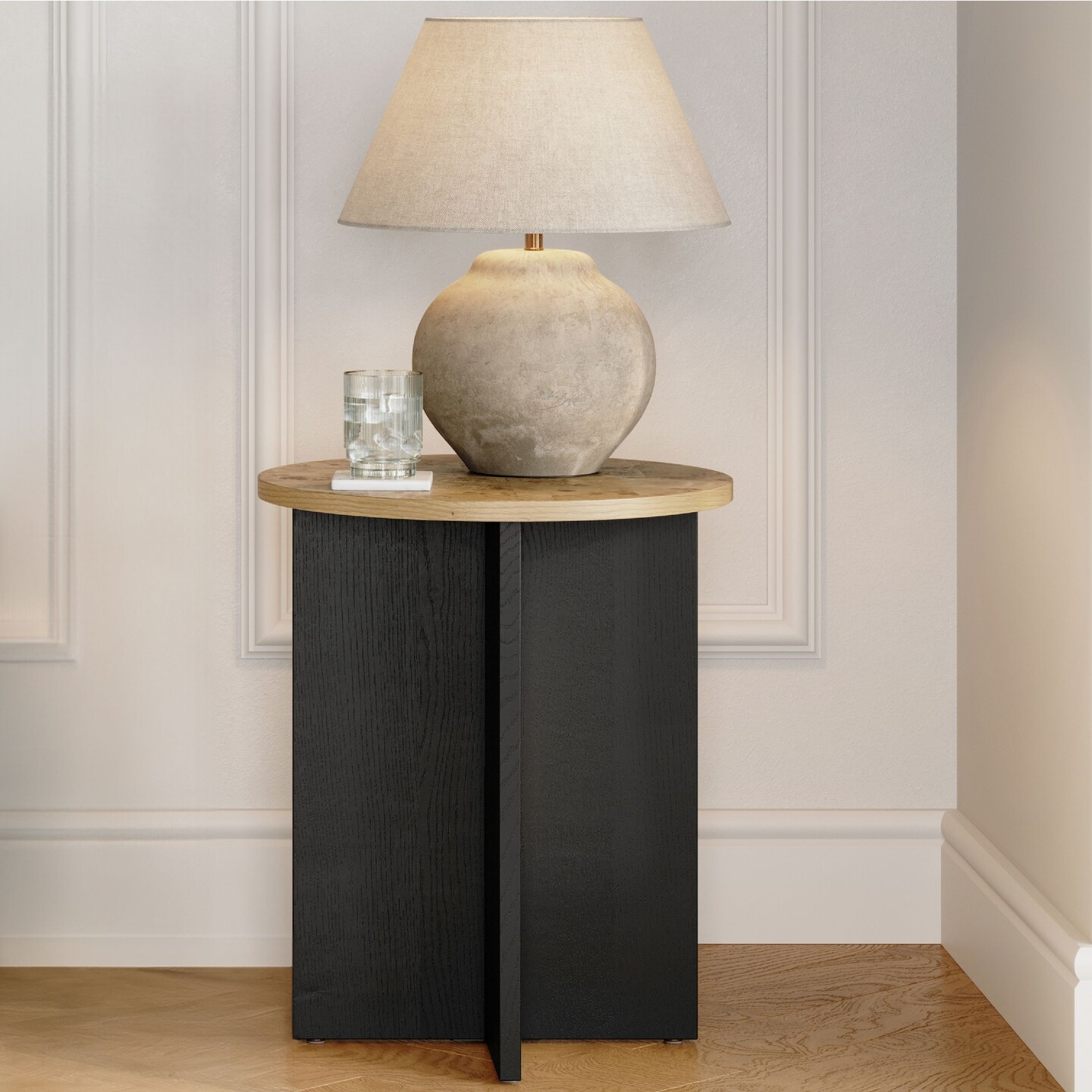 Stead Round Black Side Table With Burl Top, Modern Furniture for Home, Black and Wood Nightstand, 16 Inch End Table, Small Wood Accent Table, Solid Black Base With Burl Wood Grain Veneer Top