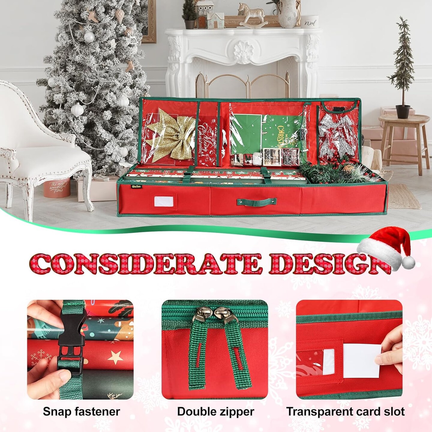 42&#x27;&#x27; Gift Wrap Organizer Christmas Wrapping Paper Storage Sturdy 600D Oxford Fabric Xmas Accessories Containers Bag Large Capacity Ornaments Storage Box (Red)