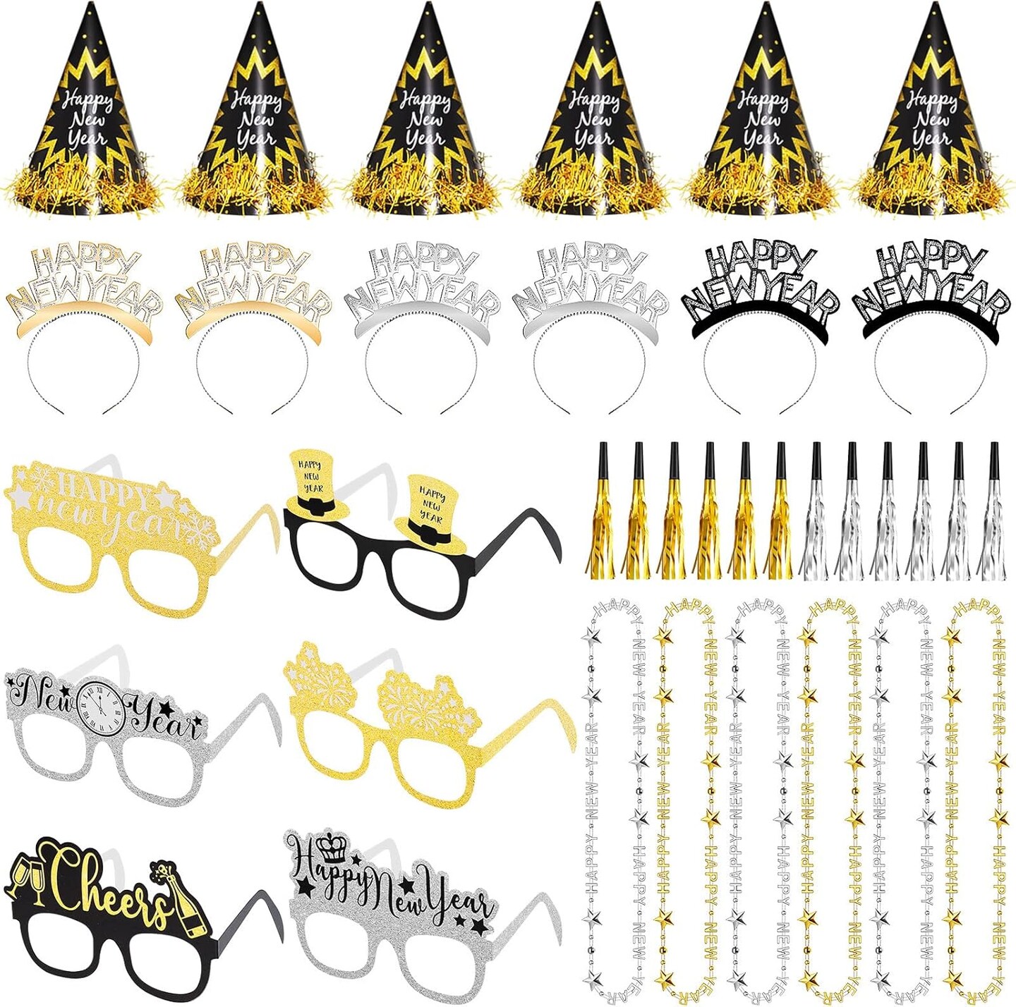 120 Pcs 2025 New Years Eve Party Supplies Decorations Kit Happy Headband Bulk Glasses Cone Hats Necklace Blowout for New Years Favor