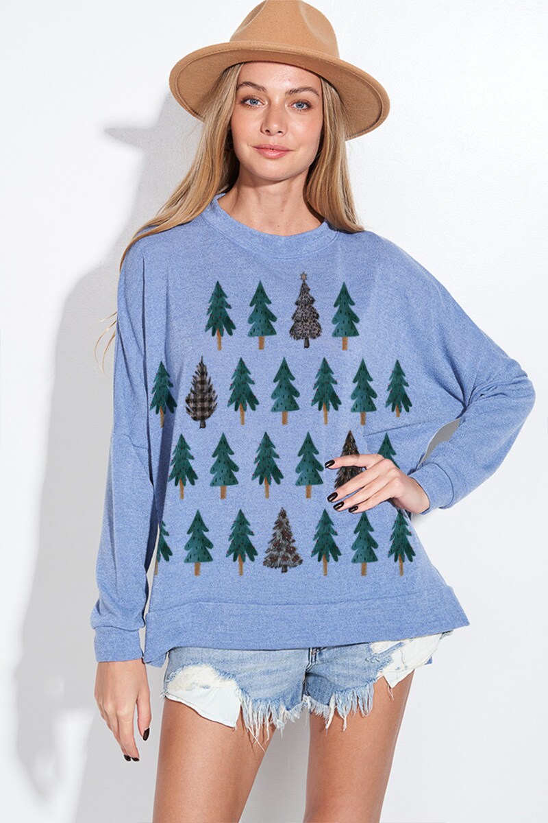 Christmas Tree Print Side Elit Long Sleeve Top